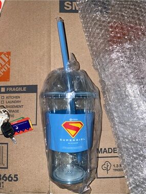 Supergirl Blue Holder Hard Plastic Tumbler with Straw New Mint Sealed Rare